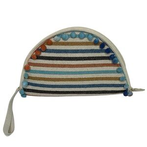 AMERICA & BEYOND Wristlet Clutch Purse Striped Pom Poms MultiColor Blue Ivory OS